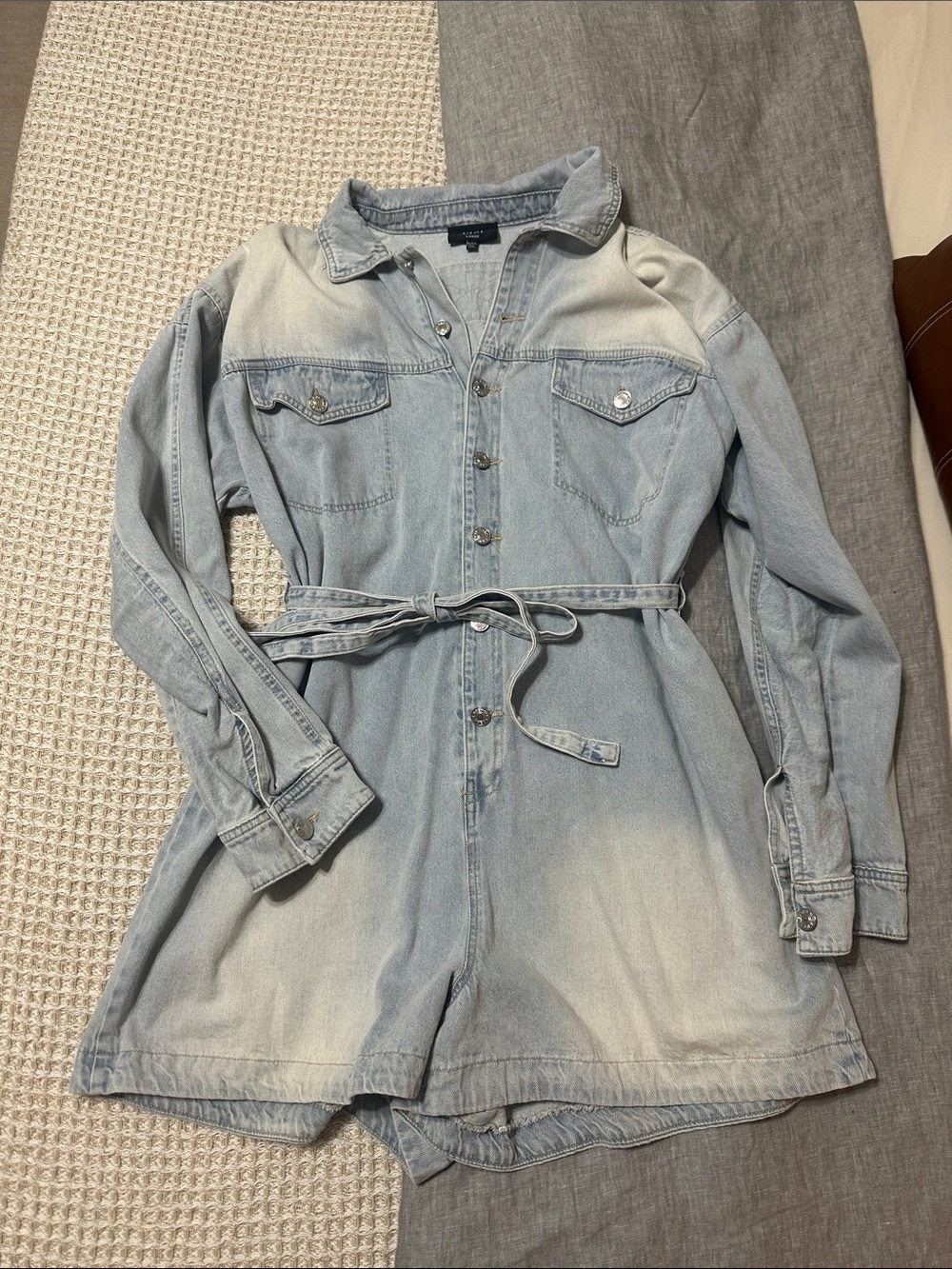 Light Wash Denim Romper with Waist Tie